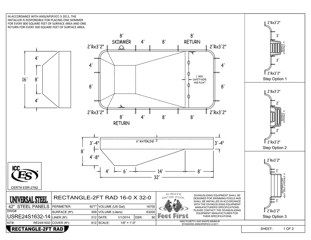 16 x 32 Rectangle Inground Pool Kit (2' Radius Corners)