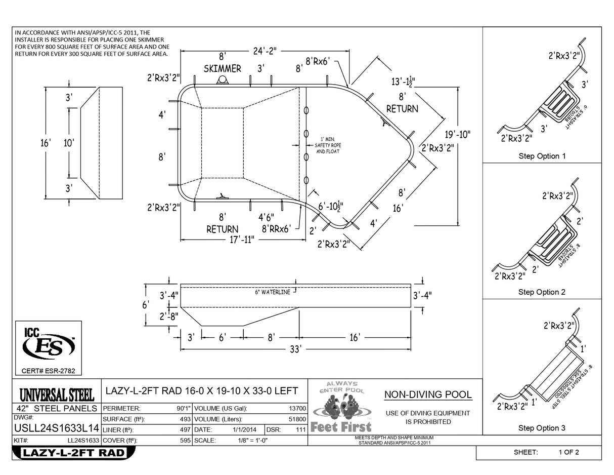 16 x 32 Lazy-L Inground Pool Kit (2' Radius Corners)