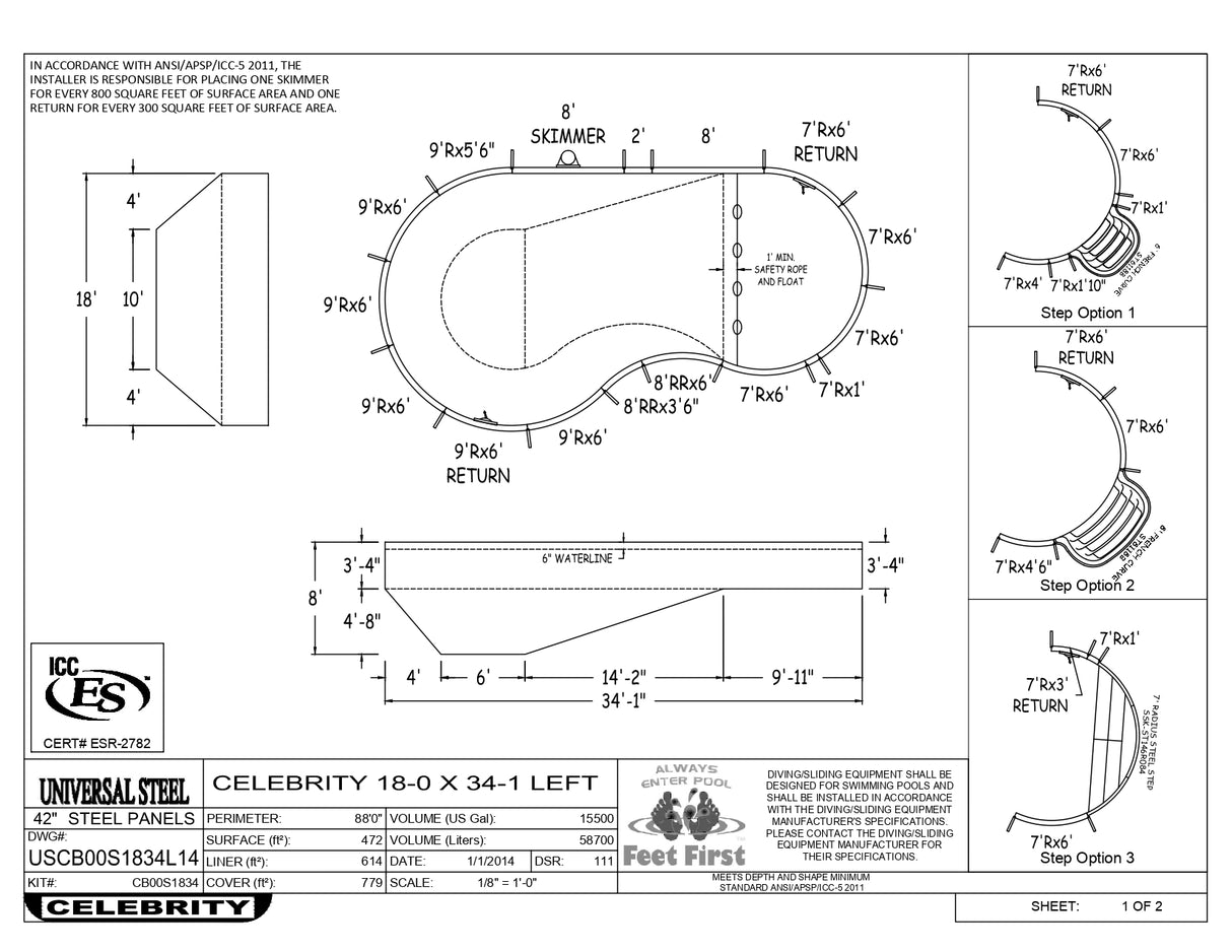 18 x 34 Right and/or Left Hand Celebrity Inground Pool Kit