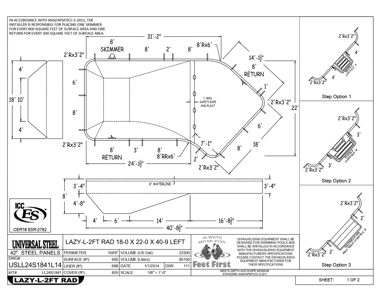 18 x 40 Lazy-L Inground Pool Kit (2' Radius Corners)