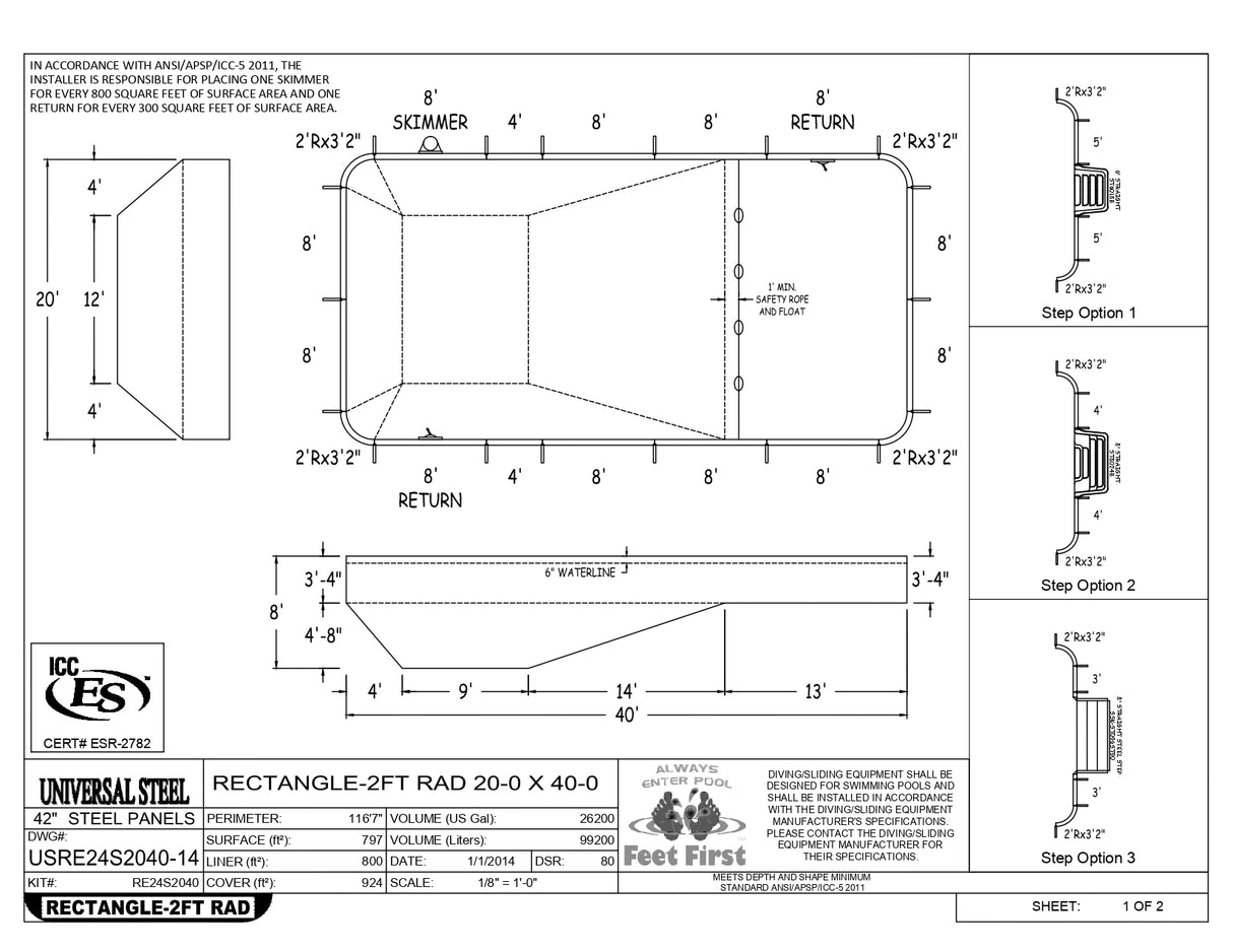 20 x 40 Rectangle Inground Pool Kit (2' Radius Corners)