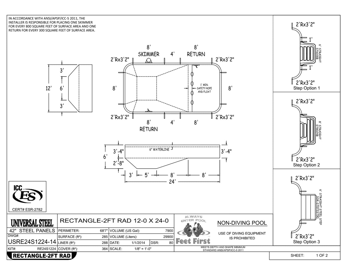 12 x 24 Rectangle Inground Pool Kit (2' Radius Corners)
