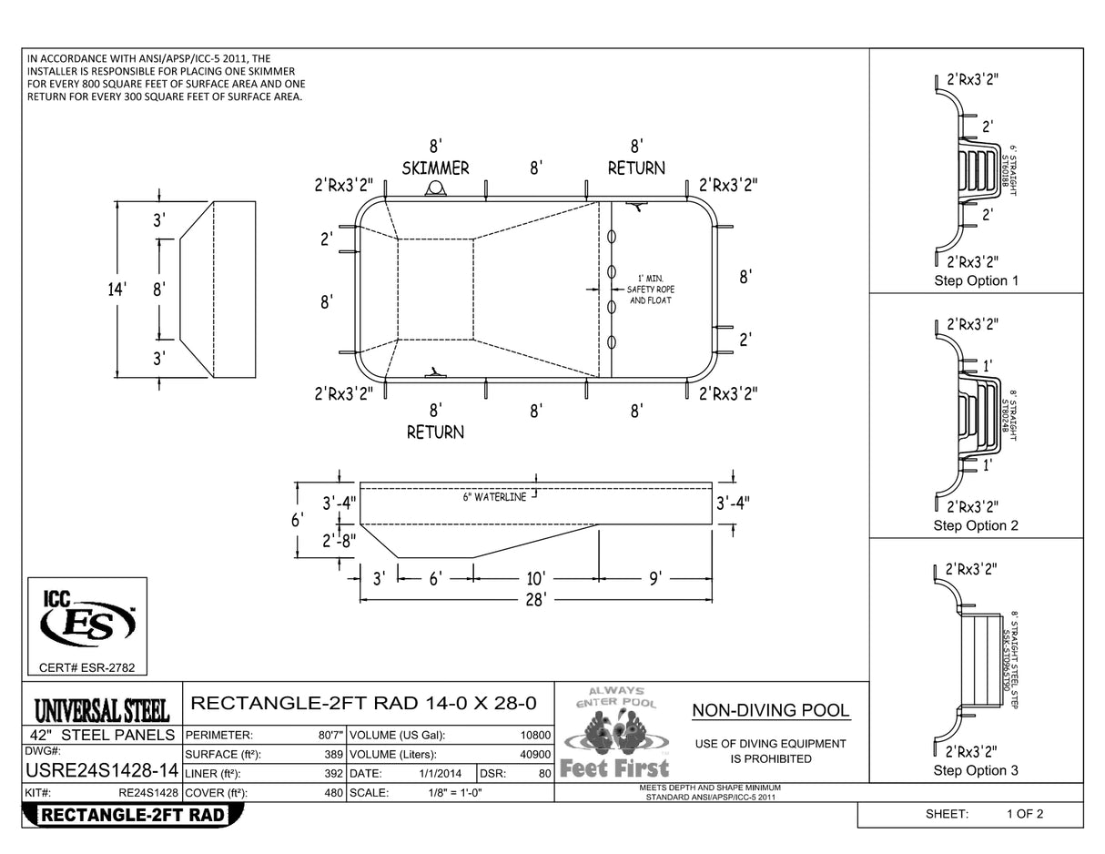 14 x 28 Rectangle Inground Pool Kit (2' Radius Corners)
