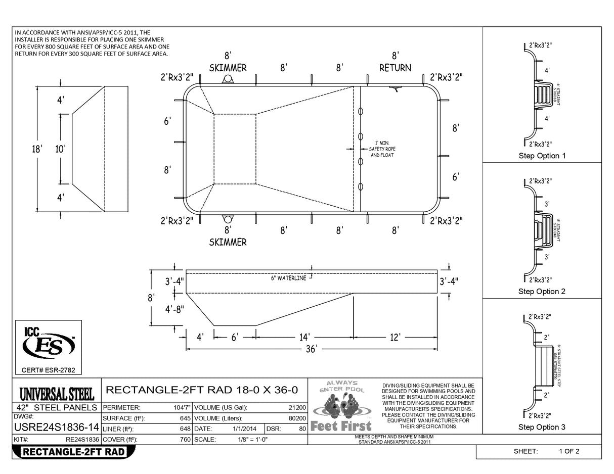 18 x 36 Rectangle Inground Pool Kit (2' Radius Corners)

